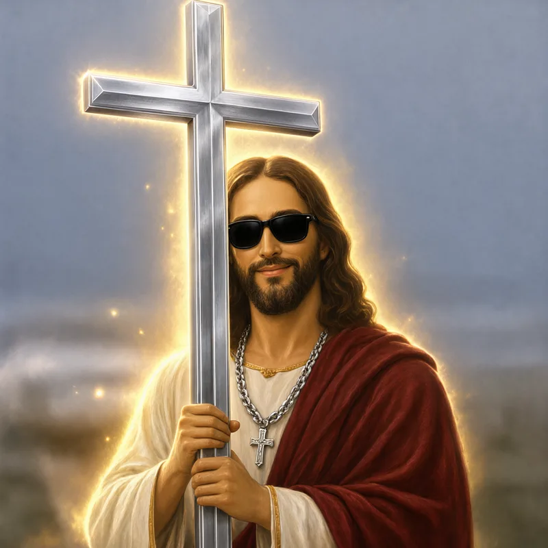 Jesus with sunglasses and a silver chain
